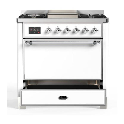 ILVE Majestic II 36 inch Solid Door Natural Gas Dual Fuel Range Chrome White