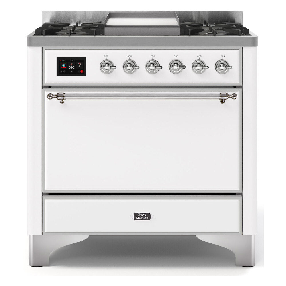 ILVE Majestic II 36" White Dual Fuel Range with 6 Burners and Griddle Solid Door Natural Gas