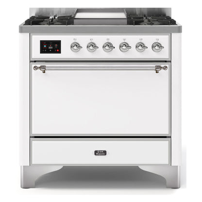 ILVE Majestic II 36 inch Solid Door Natural Gas Dual Fuel Range Chrome White