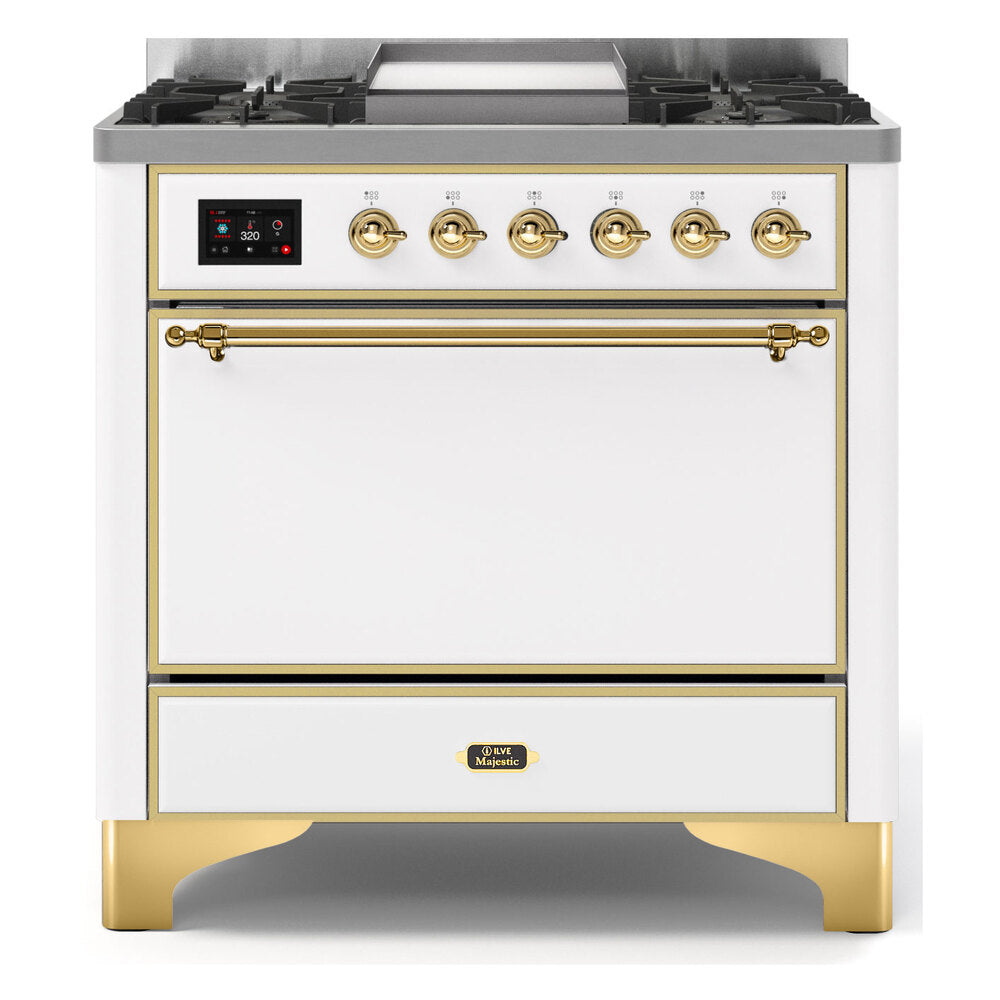 ILVE Majestic II 36 inch Solid Door Natural Gas Dual Fuel Range Brass White