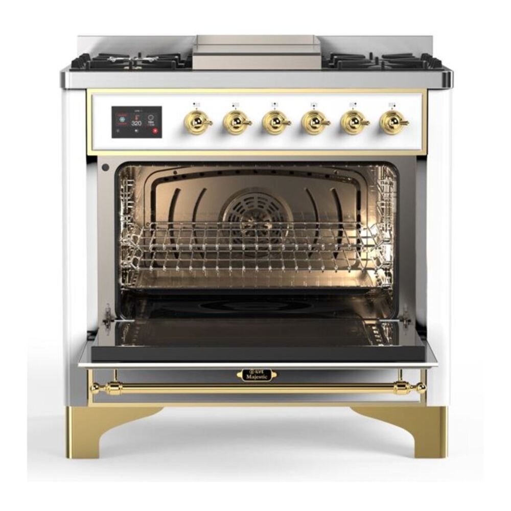 ILVE Majestic II 36 inch Solid Door Natural Gas Dual Fuel Range Brass White