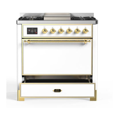 ILVE Majestic II 36 inch Solid Door Natural Gas Dual Fuel Range Brass White
