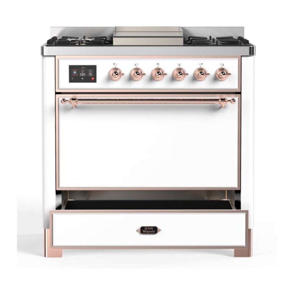 ILVE Majestic II 36 inch Solid Door Natural Gas Dual Fuel Range Copper White