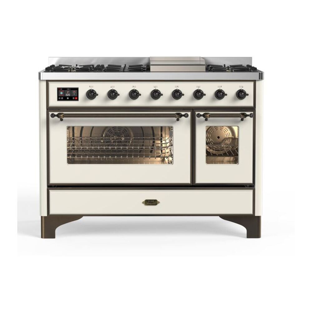 ILVE Majestic II 48" Antique White Dual Fuel Range with 8 Burners and Griddle Triple Glass Door Natural Gas