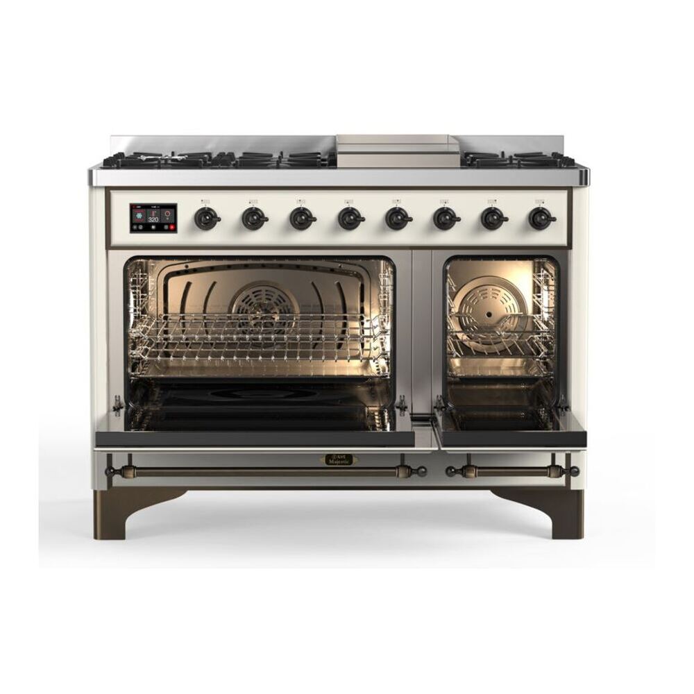 ILVE Majestic II 48 inch Triple Glass Door Natural Gas Dual Fuel Range Burnished Antique White