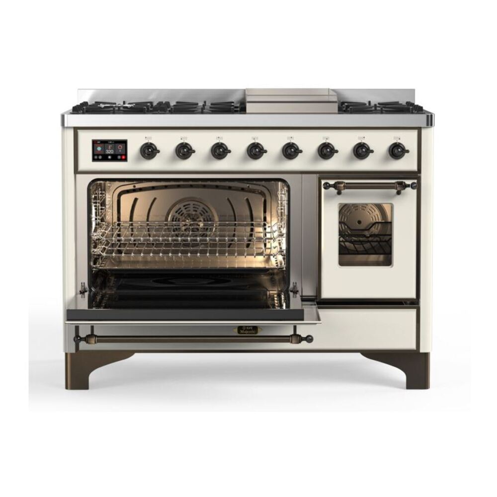 ILVE Majestic II 48 inch Triple Glass Door Natural Gas Dual Fuel Range Burnished Antique White