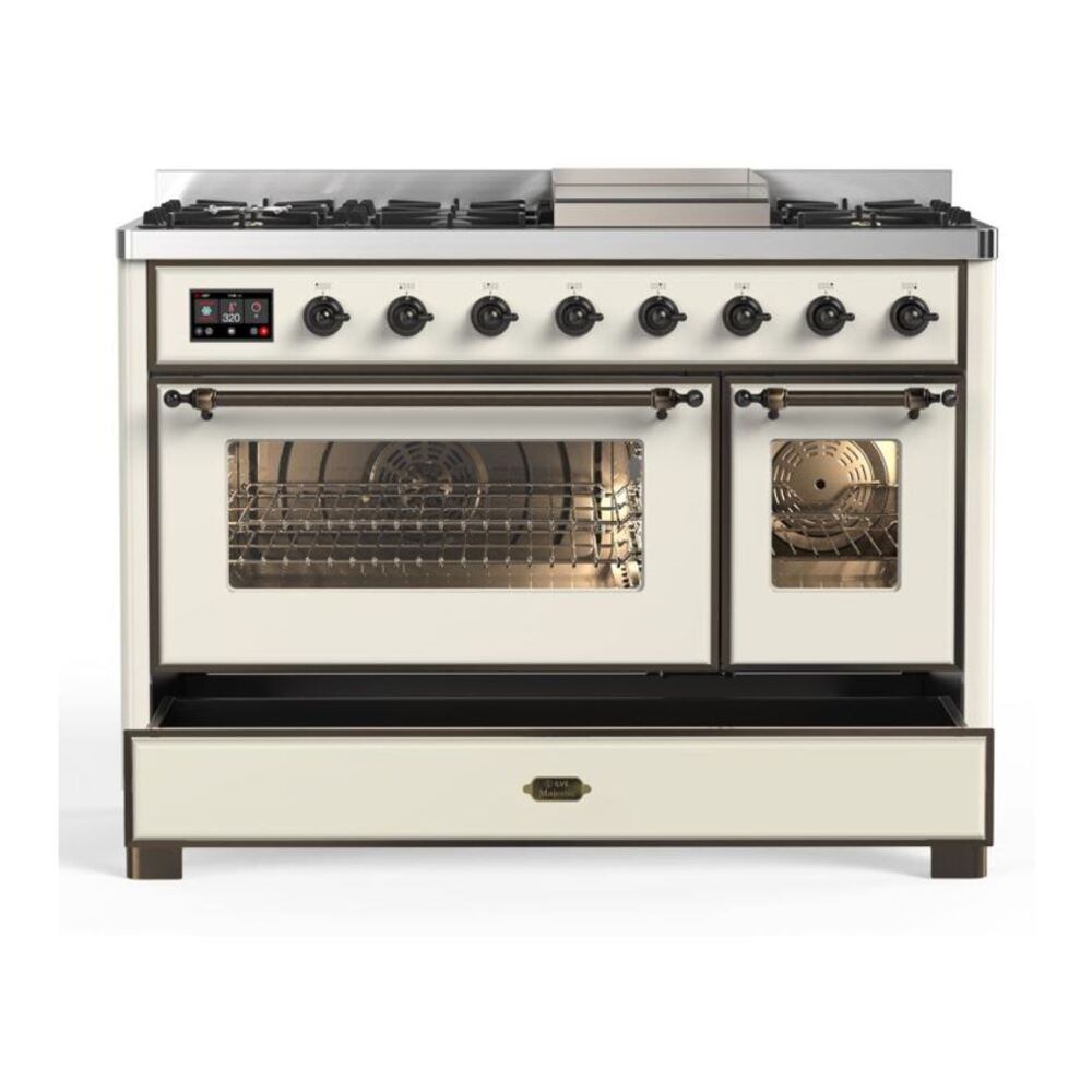ILVE Majestic II 48 inch Triple Glass Door Natural Gas Dual Fuel Range Burnished Antique White