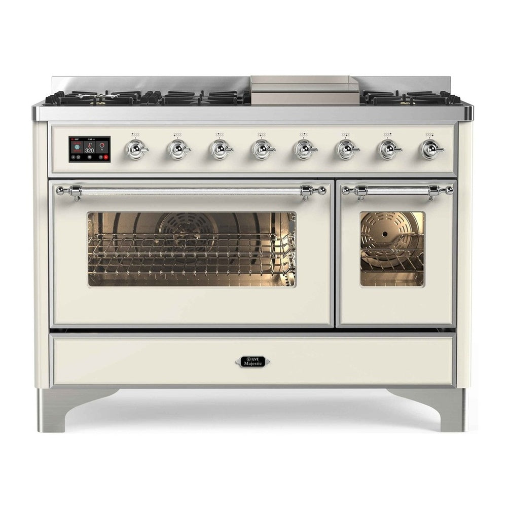 ILVE Majestic II 48" Antique White Dual Fuel Range with 8 Burners and Griddle Triple Glass Door Natural Gas