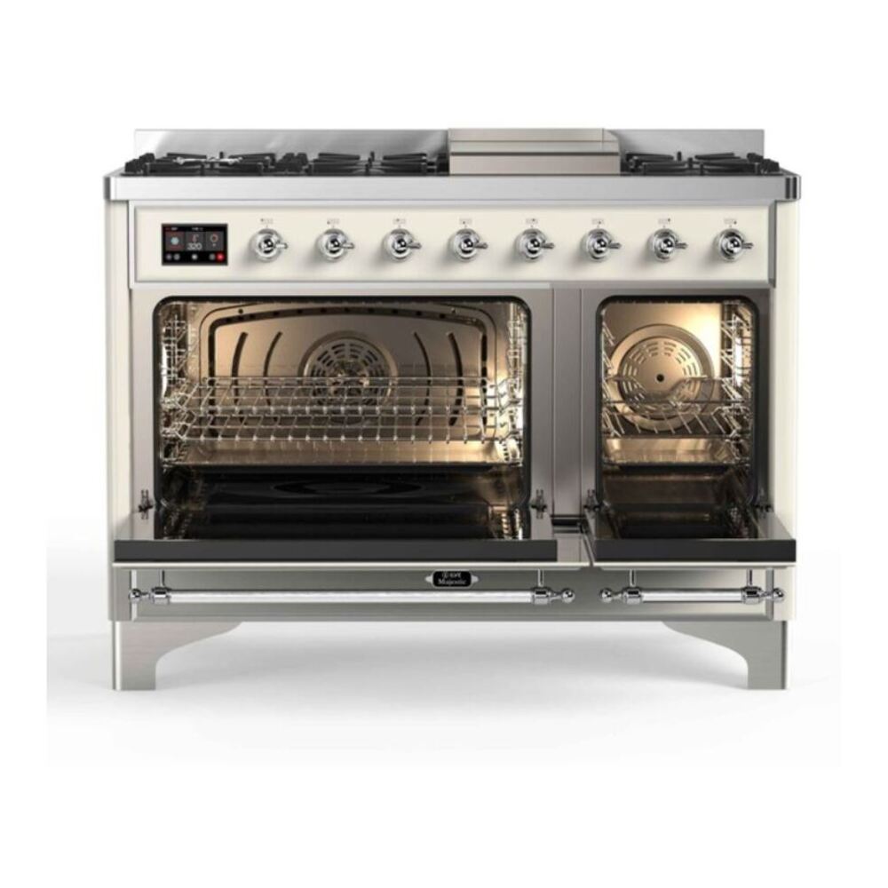 ILVE Majestic II 48 inch Triple Glass Door Natural Gas Dual Fuel Range Chrome Antique White