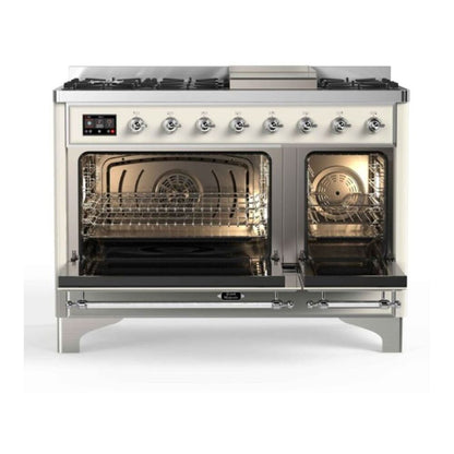 ILVE Majestic II 48 inch Triple Glass Door Natural Gas Dual Fuel Range Chrome Antique White
