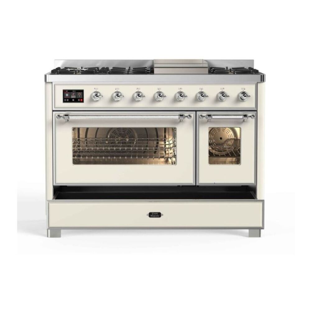 ILVE Majestic II 48 inch Triple Glass Door Natural Gas Dual Fuel Range Chrome Antique White