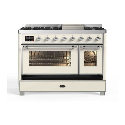 ILVE Majestic II 48 inch Triple Glass Door Natural Gas Dual Fuel Range Chrome Antique White