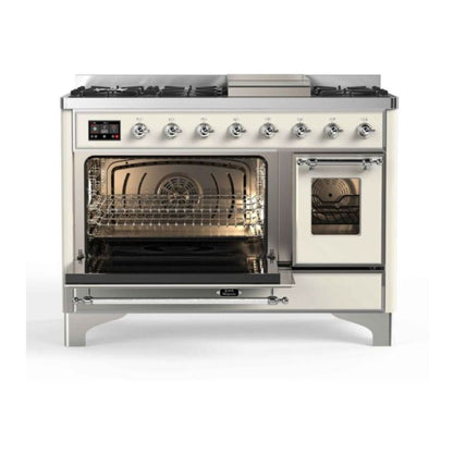 ILVE Majestic II 48 inch Triple Glass Door Natural Gas Dual Fuel Range Chrome Antique White