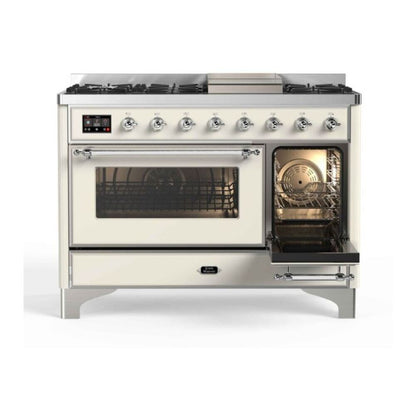ILVE Majestic II 48 inch Triple Glass Door Natural Gas Dual Fuel Range Chrome Antique White