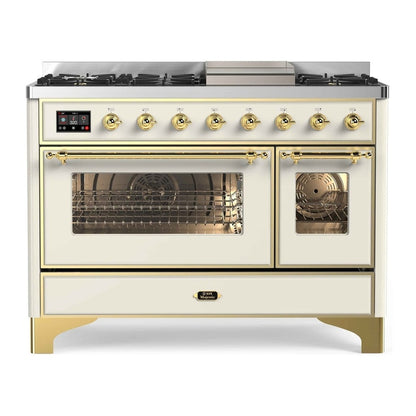 ILVE Majestic II 48 inch Triple Glass Door Dual Fuel Range Brass Antique White