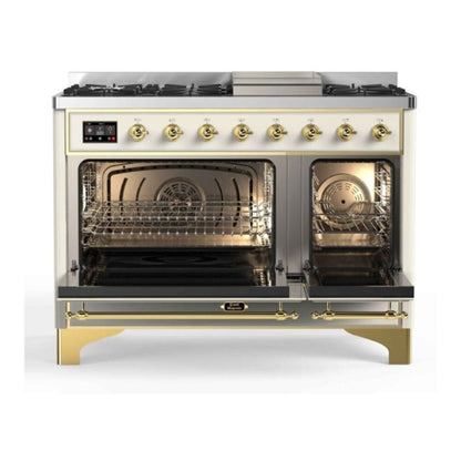 ILVE Majestic II 48 inch Triple Glass Door Dual Fuel Range Brass Antique White