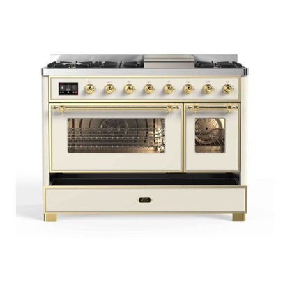 ILVE Majestic II 48 inch Triple Glass Door Dual Fuel Range Brass Antique White