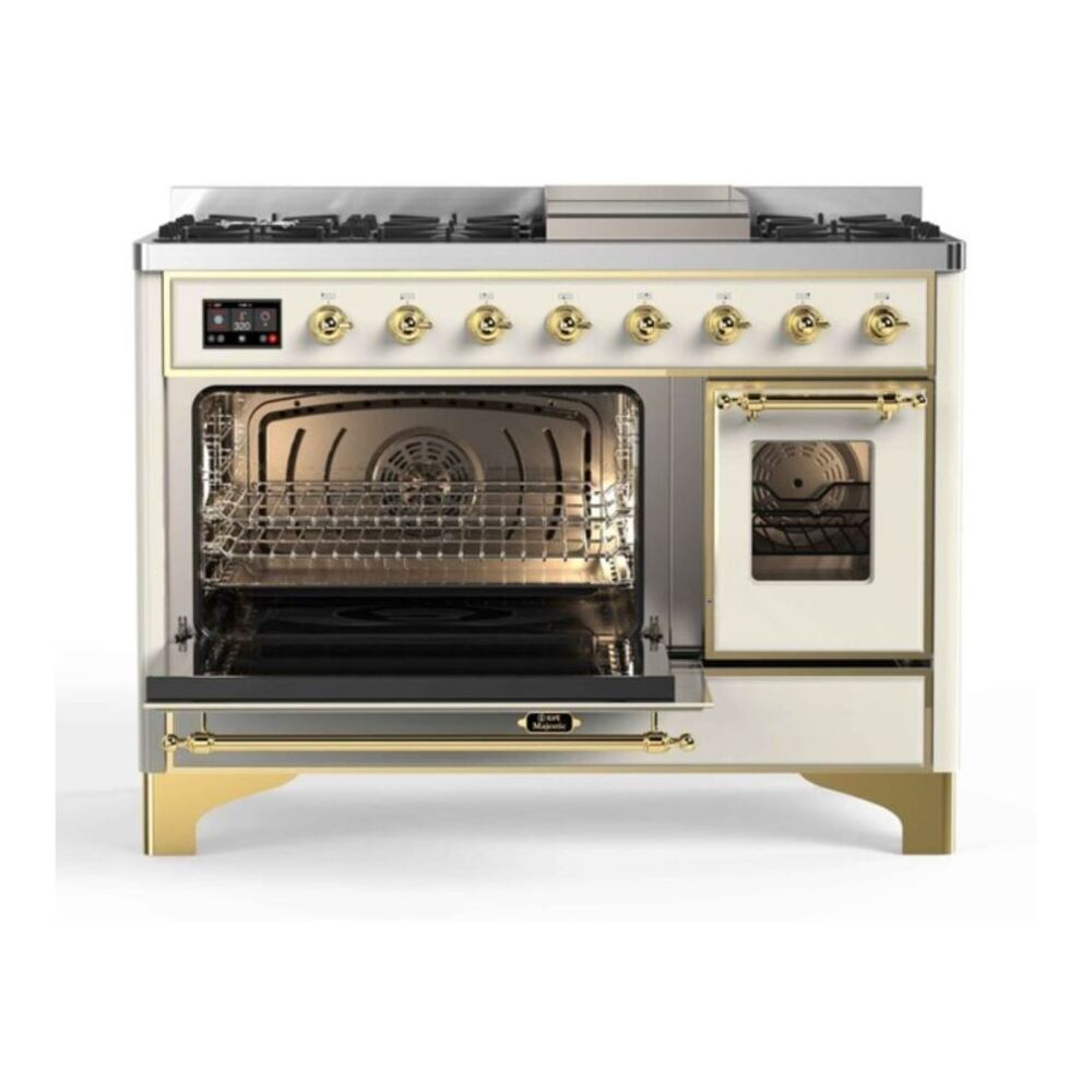 ILVE Majestic II 48 inch Triple Glass Door Dual Fuel Range Brass Antique White