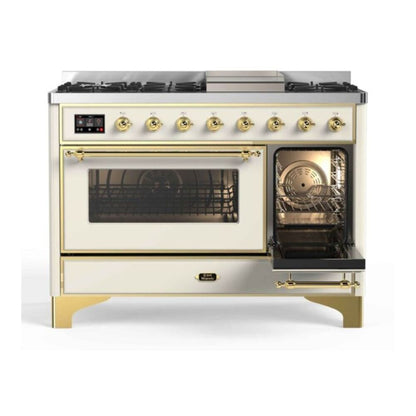 ILVE Majestic II 48 inch Triple Glass Door Dual Fuel Range Brass Antique White