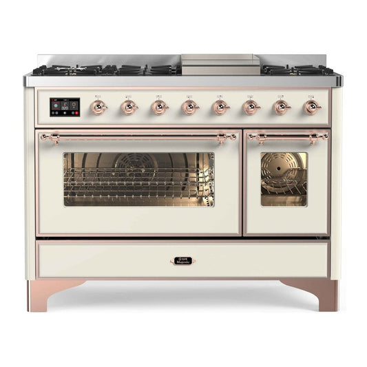 ILVE Majestic II 48" Antique White Dual Fuel Range with 8 Burners and Griddle Triple Glass Door Natural Gas