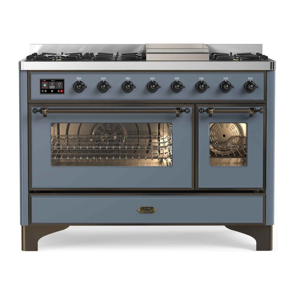 ILVE Majestic II 48" Blue Grey Dual Fuel Range with 8 Burners and Griddle Triple Glass Door Liquid Propane