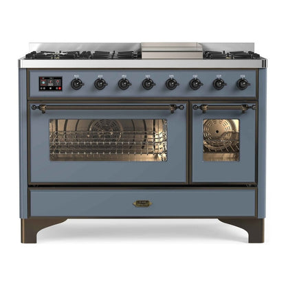 ILVE Majestic II 48" Blue Grey Dual Fuel Range with 8 Burners and Griddle Triple Glass Door Liquid Propane