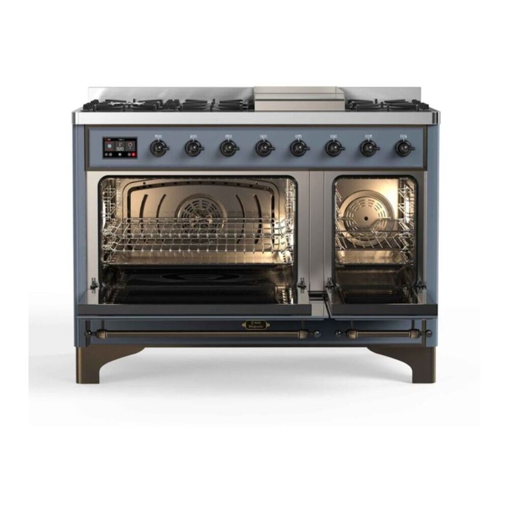 ILVE Majestic II 48" Blue Grey Dual Fuel Range with 8 Burners and Griddle Triple Glass Door Liquid Propane
