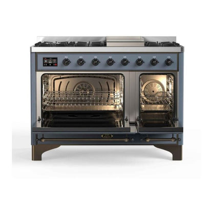 ILVE Majestic II 48" Blue Grey Dual Fuel Range with 8 Burners and Griddle Triple Glass Door Liquid Propane