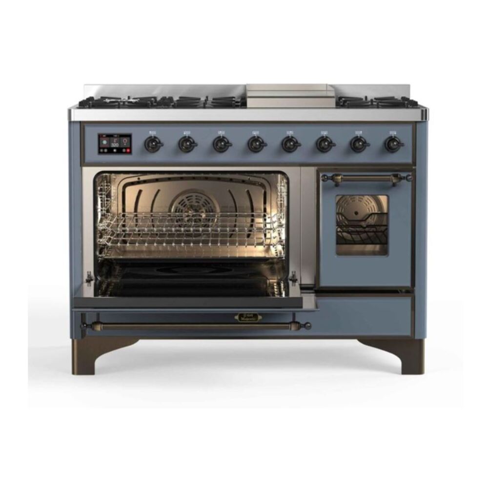 ILVE Majestic II 48" Blue Grey Dual Fuel Range with 8 Burners and Griddle Triple Glass Door Liquid Propane