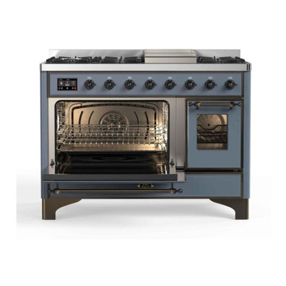 ILVE Majestic II 48" Blue Grey Dual Fuel Range with 8 Burners and Griddle Triple Glass Door Liquid Propane