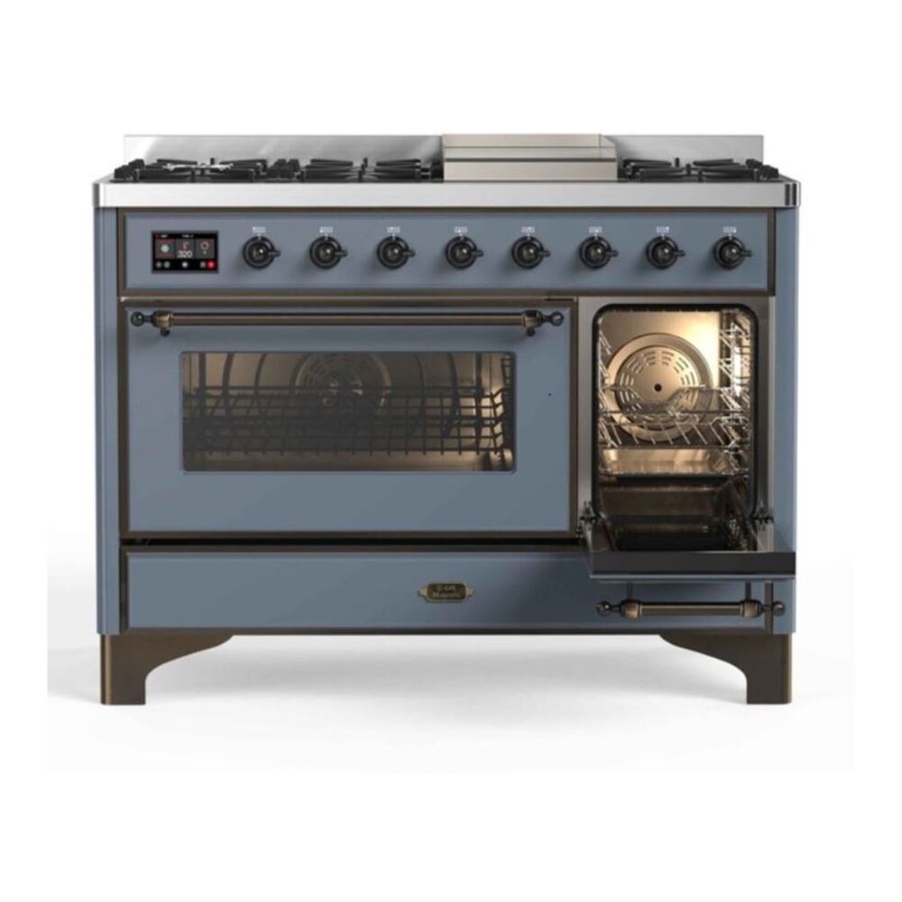 ILVE Majestic II 48" Blue Grey Dual Fuel Range with 8 Burners and Griddle Triple Glass Door Liquid Propane