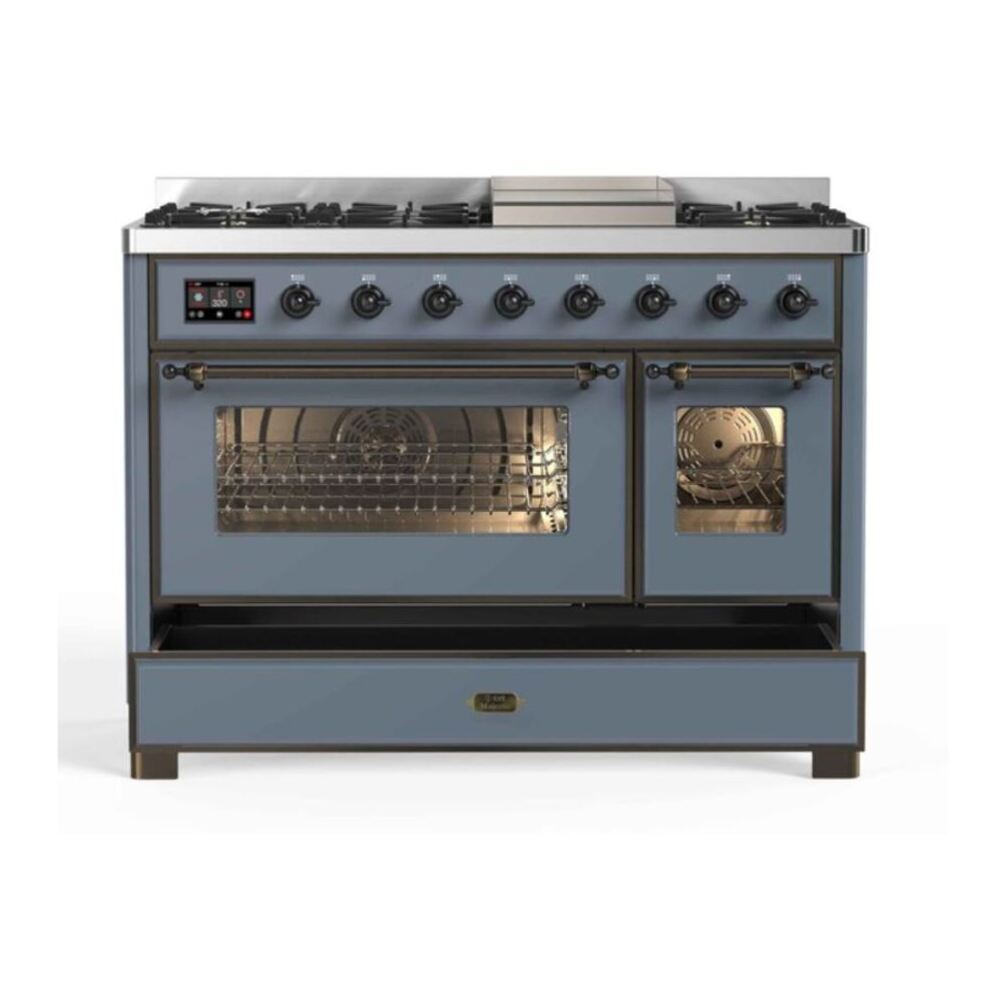 ILVE Majestic II 48" Blue Grey Dual Fuel Range with 8 Burners and Griddle Triple Glass Door Liquid Propane