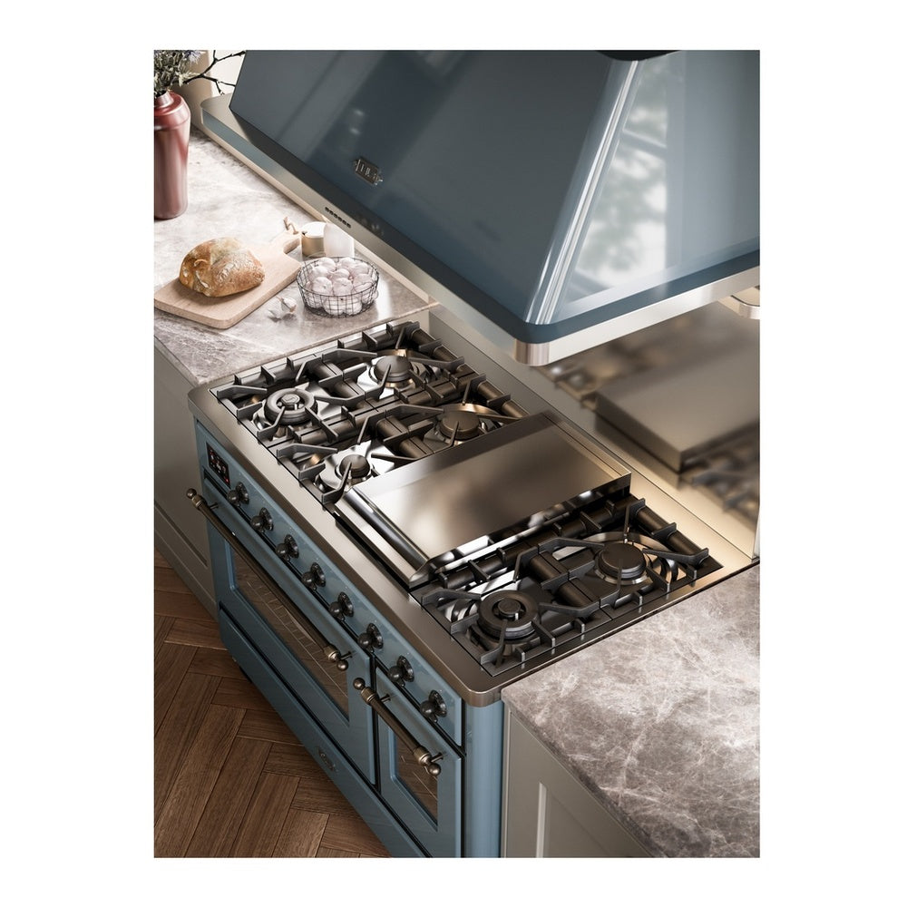 ILVE Majestic II 48" Blue Grey Dual Fuel Range with 8 Burners and Griddle Triple Glass Door Liquid Propane