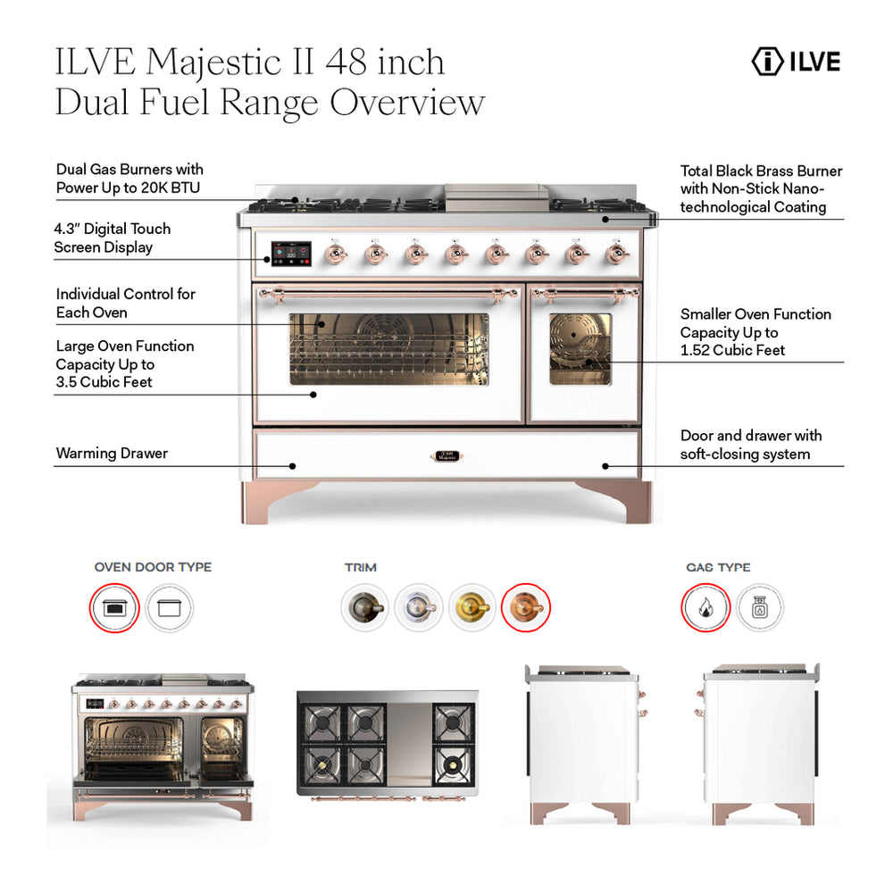 ILVE Majestic II 48" Blue Grey Dual Fuel Range with 8 Burners and Griddle Triple Glass Door Liquid Propane