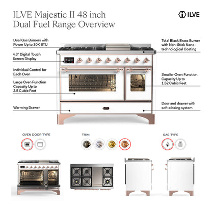 ILVE Majestic II 48" Blue Grey Dual Fuel Range with 8 Burners and Griddle Triple Glass Door Liquid Propane