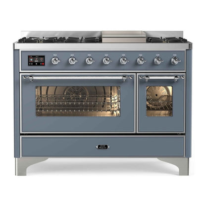 ILVE Majestic II 48" Blue Grey Dual Fuel Range with 8 Burners and Griddle Triple Glass Door Liquid Propane