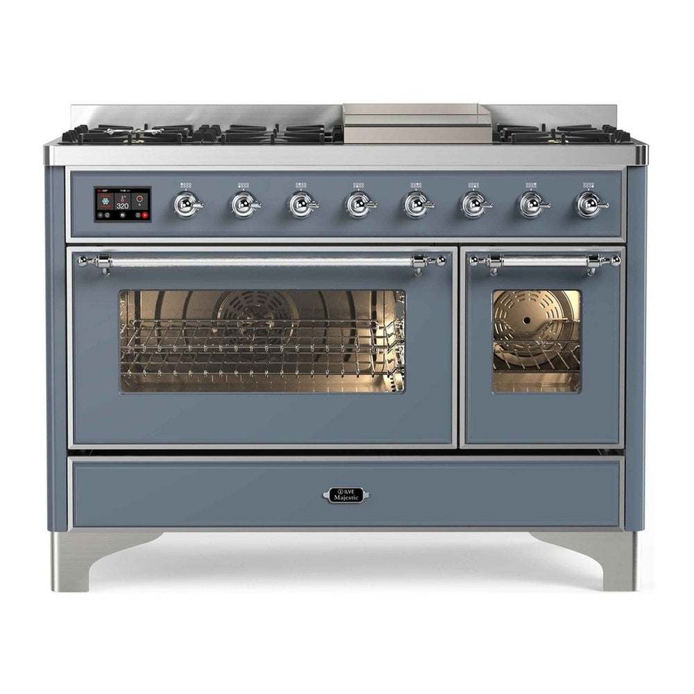 ILVE Majestic II 48" Blue Grey Dual Fuel Range with 8 Burners and Griddle Triple Glass Door Natural Gas