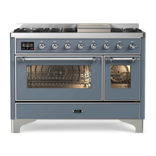 ILVE Majestic II 48" Blue Grey Dual Fuel Range with 8 Burners and Griddle Triple Glass Door Natural Gas