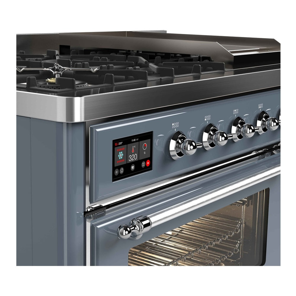ILVE Majestic II 48 inch Triple Glass Door Dual Fuel Range Chrome Blue Grey