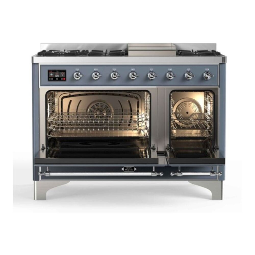 ILVE Majestic II 48 inch Triple Glass Door Dual Fuel Range Chrome Blue Grey