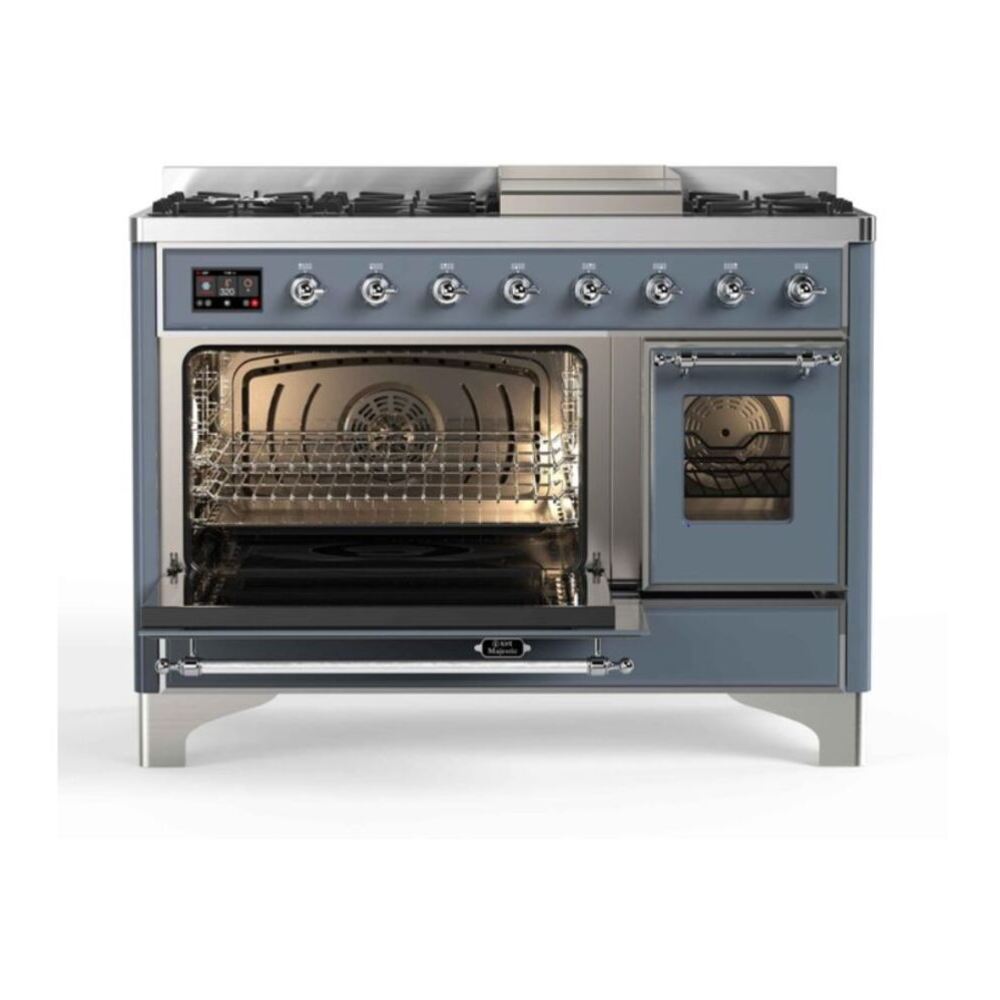 ILVE Majestic II 48 inch Triple Glass Door Dual Fuel Range Chrome Blue Grey