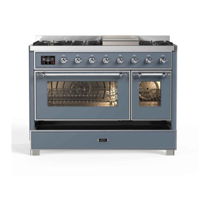 ILVE Majestic II 48 inch Triple Glass Door Dual Fuel Range Chrome Blue Grey