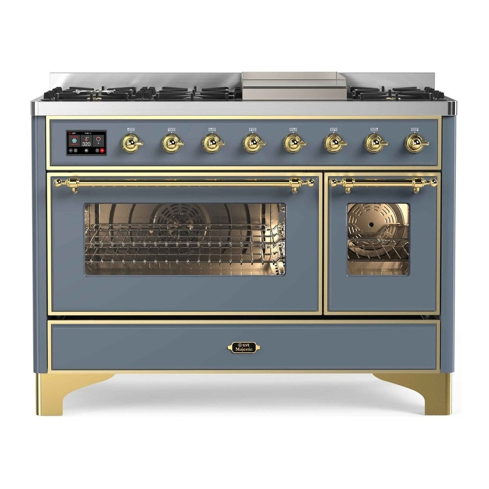 ILVE Majestic II 48" Blue Grey Dual Fuel Range with 8 Burners and Griddle Triple Glass Door Liquid Propane