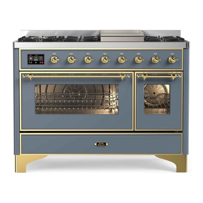 ILVE Majestic II 48" Blue Grey Dual Fuel Range with 8 Burners and Griddle Triple Glass Door Liquid Propane