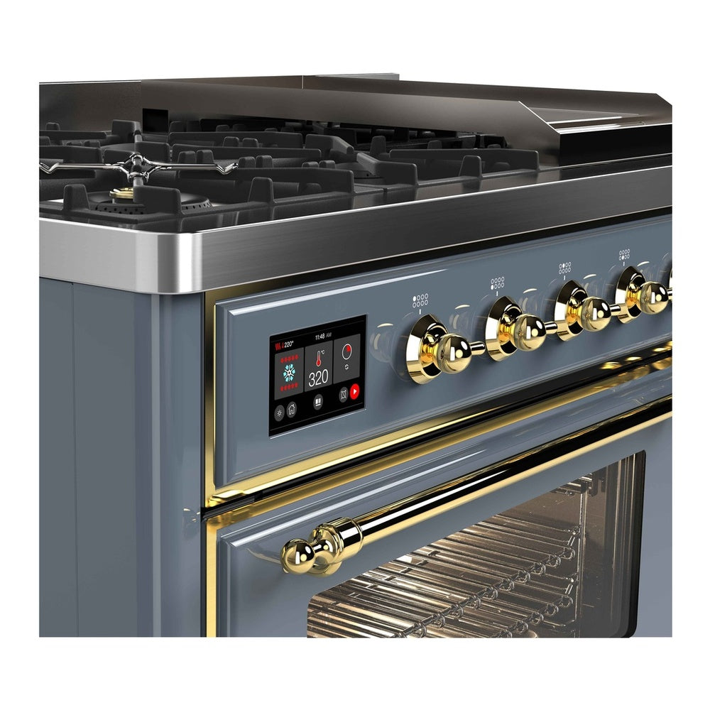 ILVE Majestic II 48 inch Triple Glass Door Dual Fuel Range Brass Blue Grey