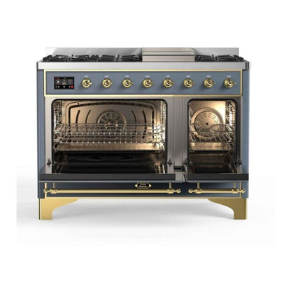 ILVE Majestic II 48 inch Triple Glass Door Dual Fuel Range Brass Blue Grey