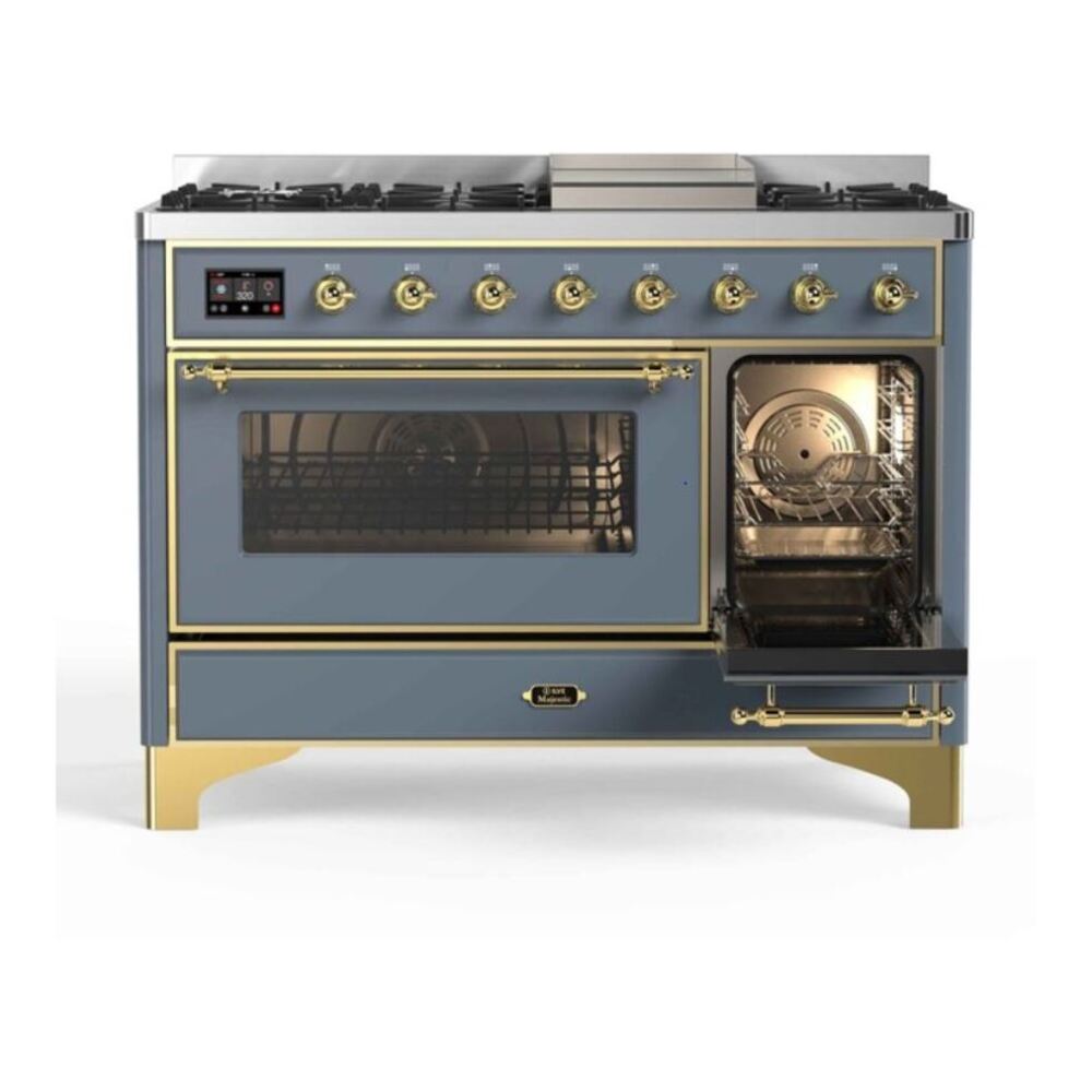 ILVE Majestic II 48 inch Triple Glass Door Dual Fuel Range Brass Blue Grey