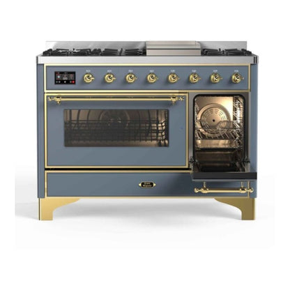 ILVE Majestic II 48 inch Triple Glass Door Dual Fuel Range Brass Blue Grey