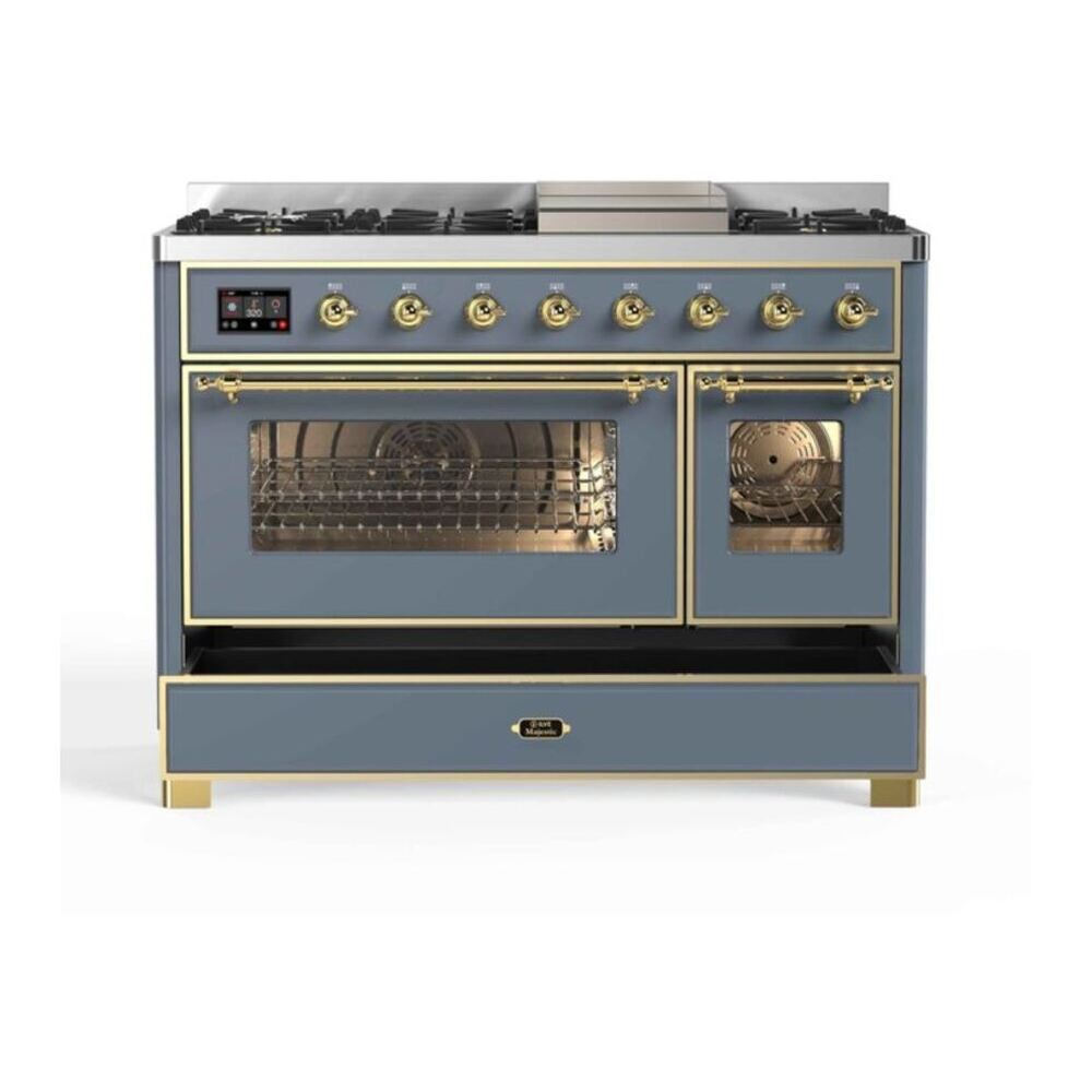 ILVE Majestic II 48 inch Triple Glass Door Dual Fuel Range Brass Blue Grey