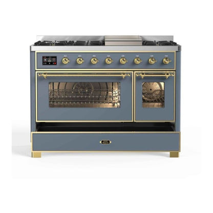 ILVE Majestic II 48 inch Triple Glass Door Dual Fuel Range Brass Blue Grey